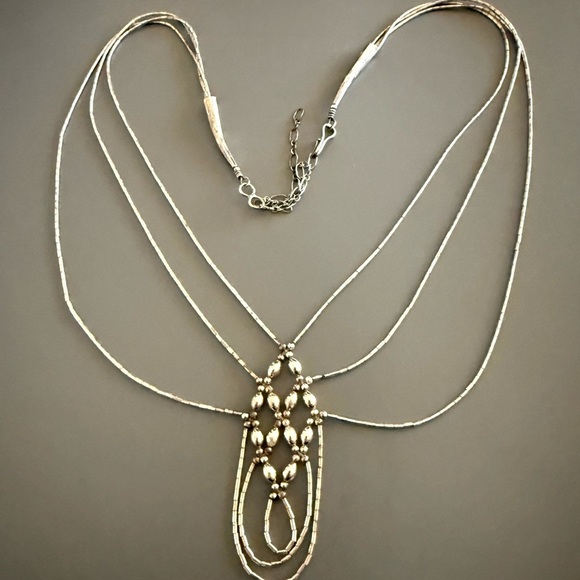 Native American Liquid Sterling Silver Beaded Multi Strand Necklace - Picture 2 of 5